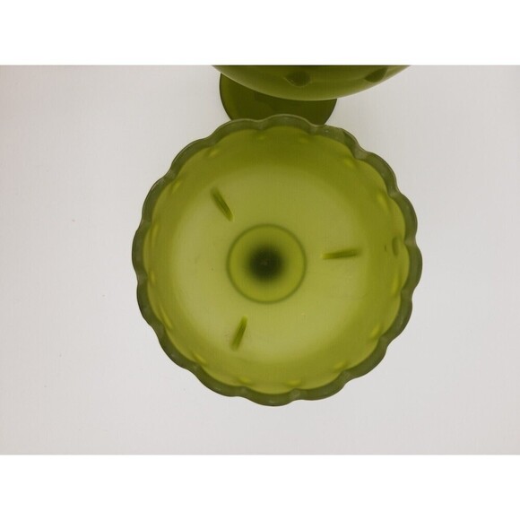 Vintage Satin Frosted Green Teardrop Pedestal Candy Dish Compote & Goblet set 2 - Picture 8 of 10